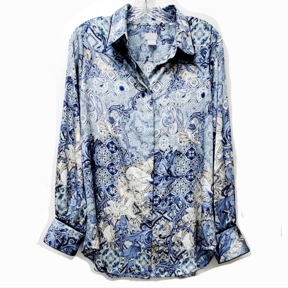 Chico's Blue Tapestry Print Satin Silky Long Sleeves Blouse Size 1 8-10